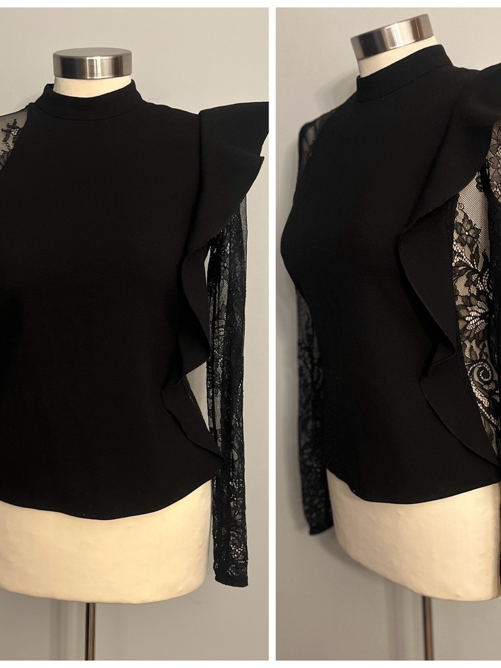 Self-Portrait Black Lace Long Sleeve Ruffle Mock Neck Blouse Top